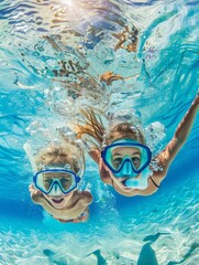 Naklejka premium A wide-angle underwater photograph captures the joy of two children swimming and exploring in a large pool. Equipped with masks 
