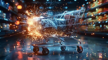A supermarket cart divided in half, it is half real and half technological, like a system, with sparkles and connections. Generative AI.