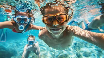 Naklejka premium A wide-angle underwater photograph captures the joy of two children swimming and exploring in a large pool. Equipped with masks 