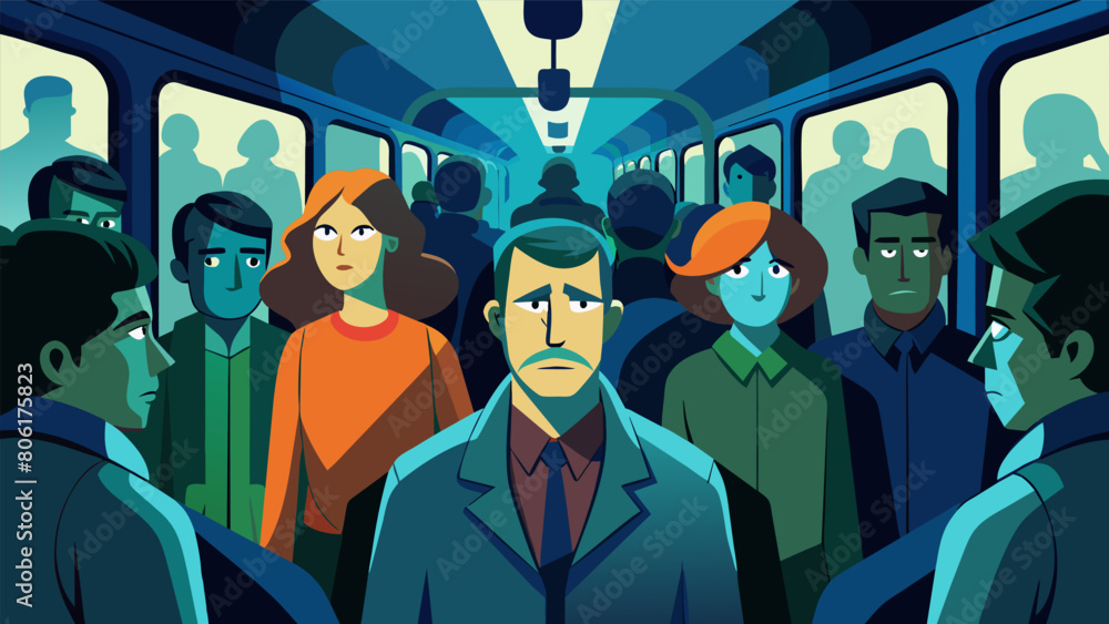 Poster in a crowded subway the long shadows of fellow commuters create an unsettling and intimidating effec