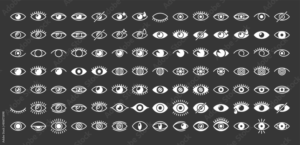 Poster big set of eye icons in stylized forms, for use in graphic design, visual identity projects, and art