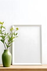 Ceramic vase with dry grass and vertical picture frame border on white minimal wall and wooden table. Mock up template product placement concept
