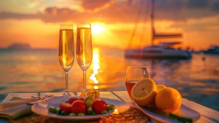 Romantic sunset dinner on beach. Table honeymoon set for two with luxurious food, glasses of...