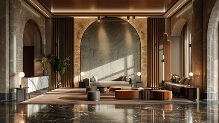 Fototapeta premium Design a modern hotel lobby with a large marble floor, high ceilings, and a curved backlit onyx wall