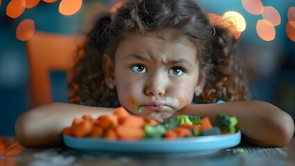 Child sulking at plate of vegetables highlighting mealtime struggles and healthy eating. Concept Mealtime Struggles, Healthy Eating, Picky Eater, Child Nutrition, Food Challenges
