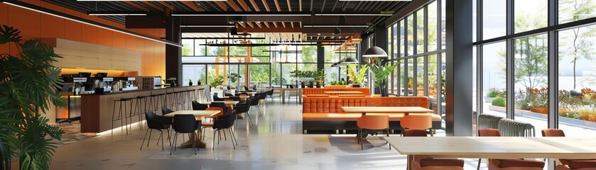 Design a modern office space with a large glass window, wooden tables and chairs, and a coffee bar. The space should be bright and inviting with a touch of industrial chic.