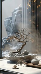A beautiful bonsai tree sits on a stone table