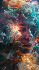 Colorful portrait of a man made of smoke and fire.The face is serene with eyes closed.