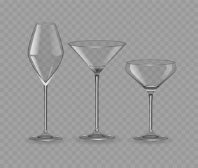 Three Types Of Glasses. Tall Wine Glass, Classic Martini Glass And Broad Cocktail Glass, Suitable For Special Occasions