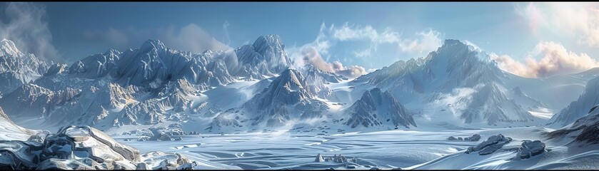A frozen wasteland of epic proportions. The snow-capped mountains stretch for miles, and the icy wind howls across the tundra.