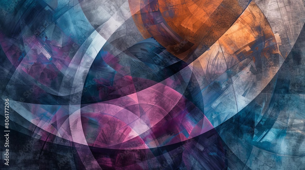 Poster abstract composition with transparent layers featuring circular square and triangular objects in