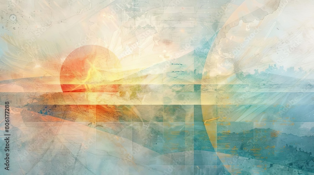 Poster abstract composition with transparent layers and celestial tones featuring striped patterns in red