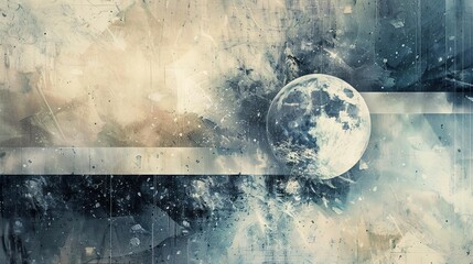 Abstract composition with transparent layers and celestial tones featuring various geometric