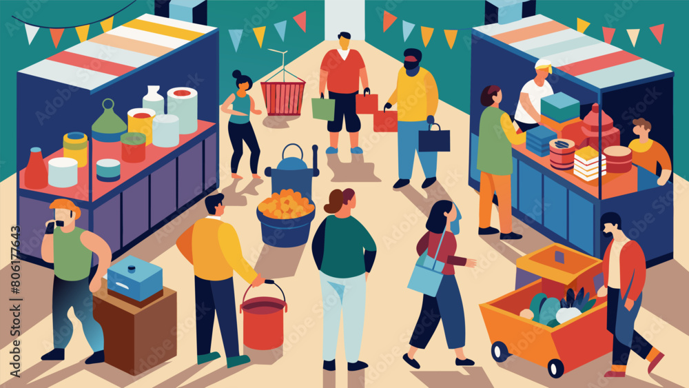 Poster shoppers browse through rows of upcycled container stalls each one showcasing a different theme from