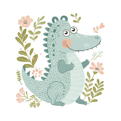 Obraz premium Cute Cartoon Crocodile with Floral Background in Pastel Colors