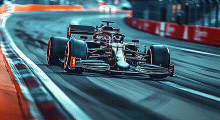 Naklejka premium A race car speeding around a corner on a track, copy space. Generative AI.