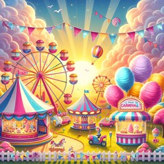 Obraz premium A bright and cheerful spring carnival with rides, games and candy canes stands under a clear sky, with swings and shops.