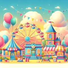 A bright and cheerful spring carnival with rides, games and candy canes stands under a clear sky, with swings and shops.