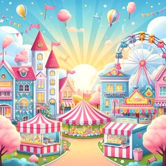 A bright and cheerful spring carnival with rides, games and candy canes stands under a clear sky, with swings and shops.