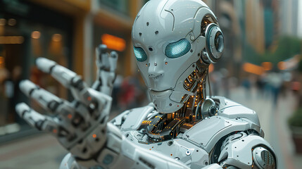 Fototapeta premium Futuristic White Robot with Blue Eyes Gesturing with Hand on a City Street. Generated by AI