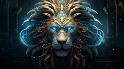 The golden lion with blue eyes and blue glowing mane looks very majestic and powerful.