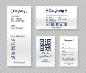 Obraz premium Four Detailed Clothing Labels Featuring Fabric Composition, Care Symbols And Company Branding. Ideal For Presentations