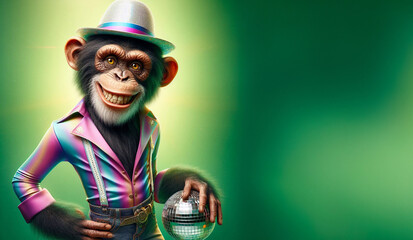 Portrait of anthropomorphic chimpanzee in disco outfit standing isolated on green background, copy space for text