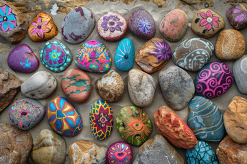 vibrant painted stones on sandy background