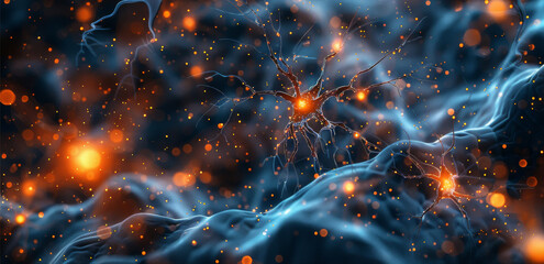 Brain neuron structure, dark blue and orange, extreme detail. Generative AI.