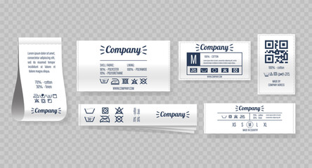 Collection Of Realistic Clothing Tags Featuring Fabric Composition, Care Symbols, And Qr Codes For Scanable Details