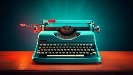 A closeup of a vintage typewriter with a red ribbon. The typewriter is sitting on a wooden table with a red background. - obrazy, fototapety, plakaty