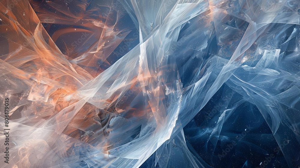 Poster abstract composition with transparent layers and interstellar tones showcasing geometric objects