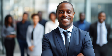 Black businessman smiling with arms crossed, with employees around him