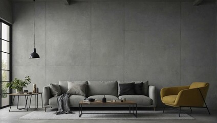 Elegant design of a stylish living room interior with a textured concrete wall and comfortable grey sofa with pillows