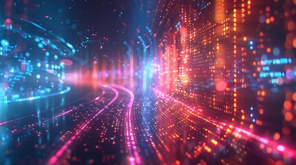 Immerse yourself in a mesmerizing journey through a vibrant digital landscape, where glowing particles dance in harmony, illuminating the path ahead.