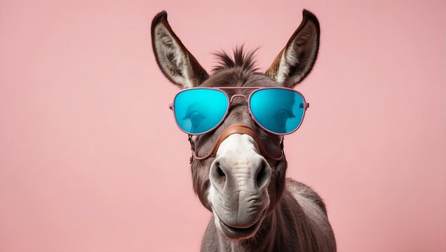 A humorous close-up of a donkey wearing blue sunglasses, invoking laughter and joy