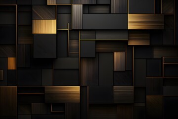 Abstract black and golden metallic background. 3d render illustration design, Luxury abstract black metal background with golden light lines, Dark 3D geometric texture, AI Generated

