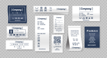 Set Of Clothing Labels, Each Presenting Essential Information Such As Fabric Composition, Care Instructions, Brand Logo