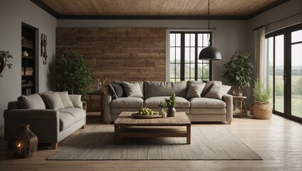 This beautifully composed image shows a modern living room with plush sofas, wooden walls and tasteful decor, exuding warmth and comfort