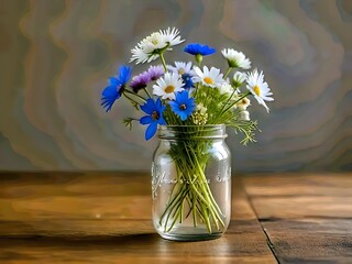 A vibrant bouquet of fresh white daisies and blue flowers in a glass jar on a wooden surface against an artistic backdrop