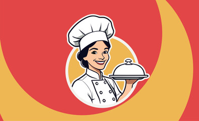 Premium vector of woman mascot, chef cartoon, girl with tray logo design