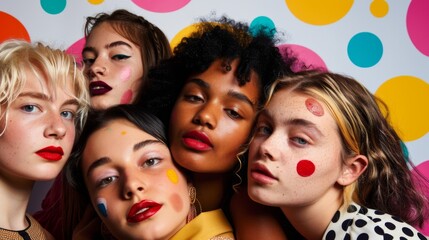 Diverse group of Gen Z women with bold lipstick and cheek color, posing with confidence against a polka dot background.