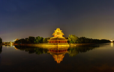 the night view of the Forbidden City. panoranic view of Forbidden City and moat, Beijing, China.