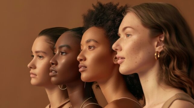 A lineup of diverse Gen Z women, each showcasing an eco-chic beauty standard, harmonized in a portrait that celebrates multicultural uniqueness and unity.