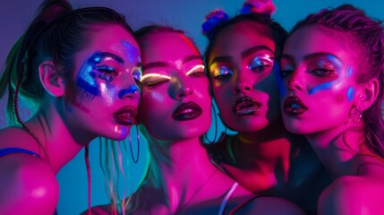 Obraz premium Gen Z women in neon lights, faces adorned with bold, avant-garde makeup, exude confidence and artistic flair in a vivid display of youth culture.