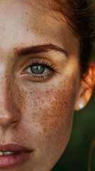 Naklejka premium Close-up of a woman's freckled face partially obscured by a green leaf, showcasing natural beauty and skin positivity in a tropical setting.