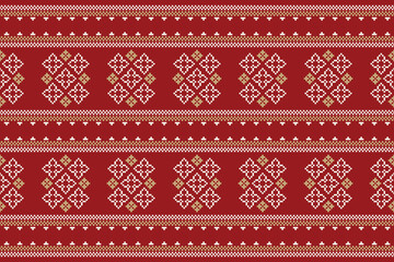 Traditional ethnic motifs ikat geometric fabric pattern cross stitch.Ikat embroidery Ethnic oriental Pixel red background. Abstract,vector,illustration. Texture,christmas,decoration,wallpaper.