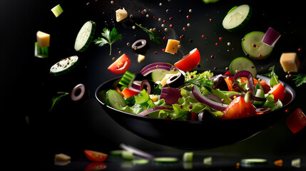 A bowl of salad with a variety of vegetables including tomatoes, cucumbers, and olives. The bowl is overflowing with the vegetables, and it looks like they are flying out of the bowl