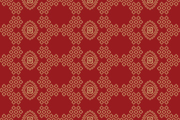 Traditional ethnic motifs ikat geometric fabric pattern cross stitch.Ikat embroidery Ethnic oriental Pixel red background. Abstract,vector,illustration. Texture,christmas,decoration,wallpaper.