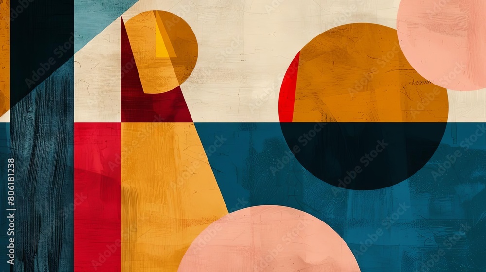Poster abstract composition with dynamic shapes and colors showcasing a circular object in the foreground.